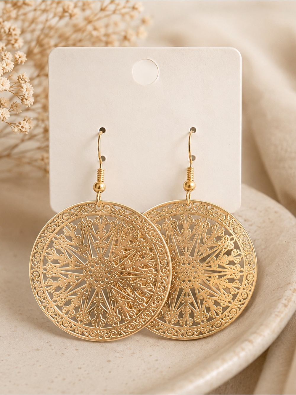 Gold Filigree Circle Drop Earrings - Elegant Women Jewelry